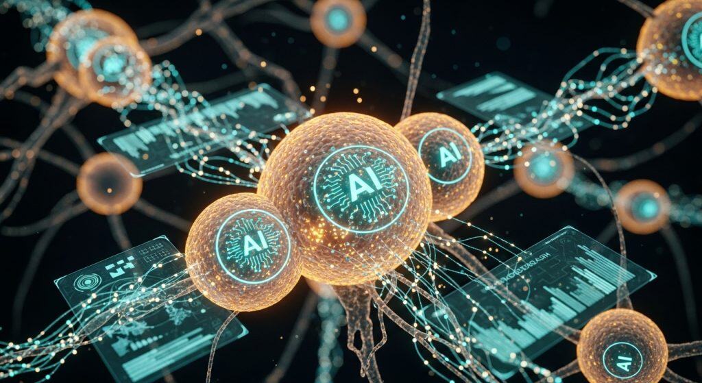 AI 로고가 새겨진 세포들이 신경망처럼 연결된 장면. 인공지능이 생체 데이터와 상호작용하는 과정을 상징적으로 표현했다.
