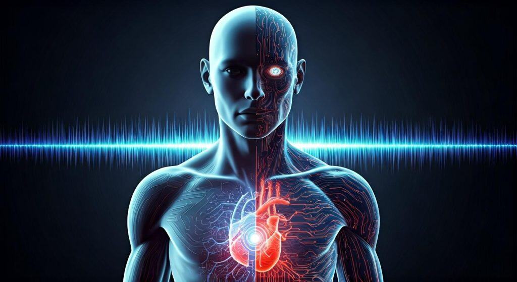 한쪽은 인간의 심장, 한쪽은 인공 장기로 표현된 하이브리드 인체 이미지. 생체공학과 감정형 AI의 결합을 상징한다.