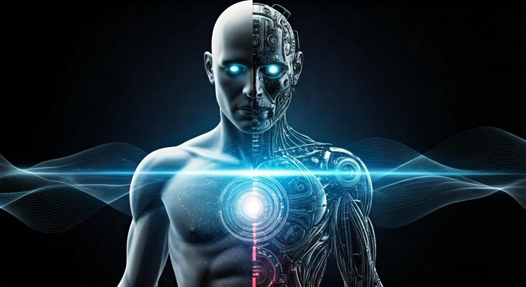 반은 인간, 반은 기계로 구성된 인체 이미지. 인간과 인공지능의 경계를 허무는 사이보그 개념을 시각적으로 나타냈다.