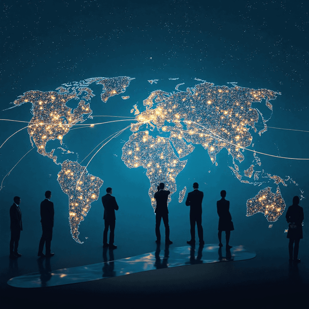 빛나는 글로벌 네트워크 지도를 바라보는 비즈니스 전문가들의 실루엣