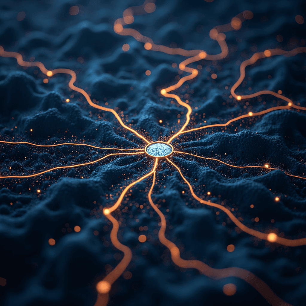 중앙 노드에서 뻗어나가는 주황색 신경망 연결 구조 시각화