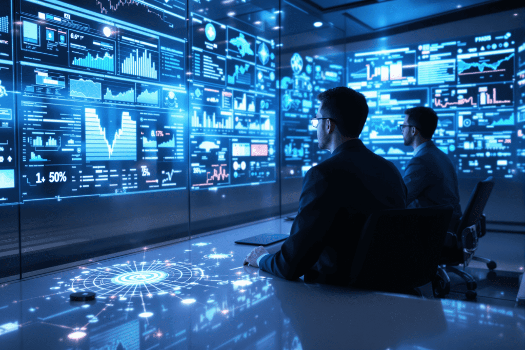 여러 데이터 대시보드 화면을 분석하는 두 명의 애널리스트