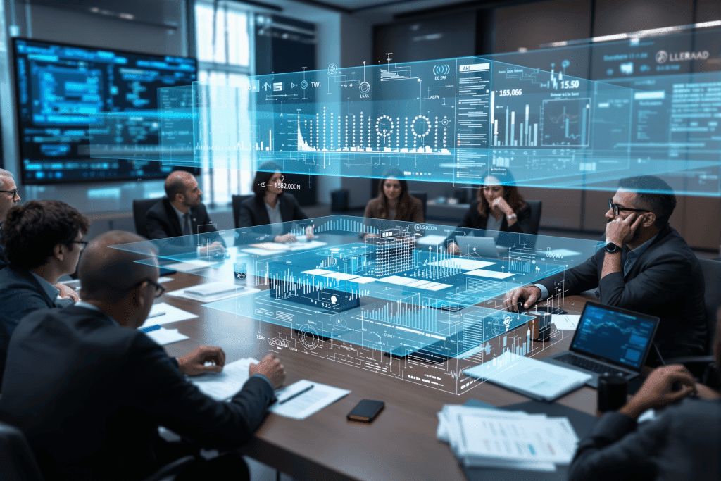 홀로그램 데이터 시각화가 표시된 기업 회의실 전경