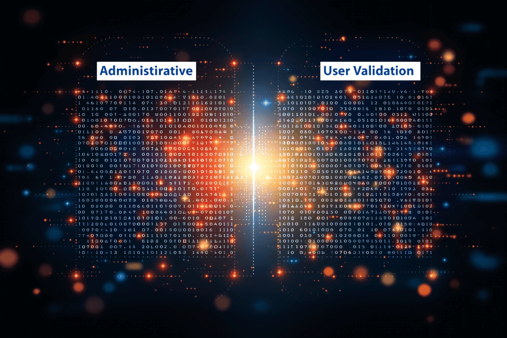 Administrative와 User Validation을 나타내는 디지털 바이너리 코드 악수