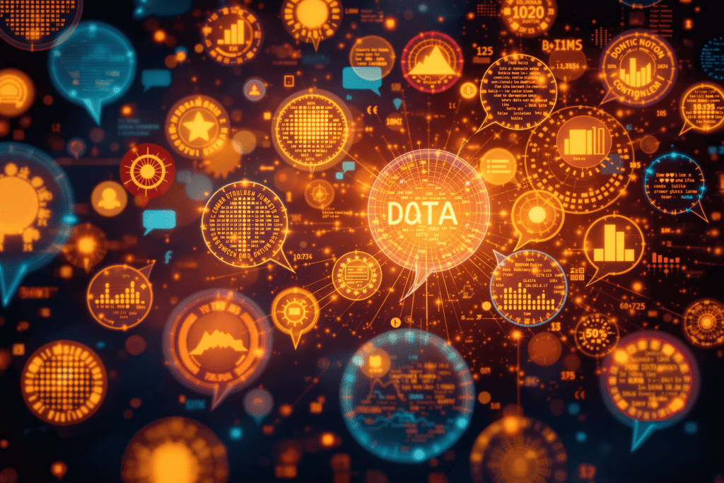 DATA를 중심으로 한 황금색 디지털 정보 네트워크 시각화