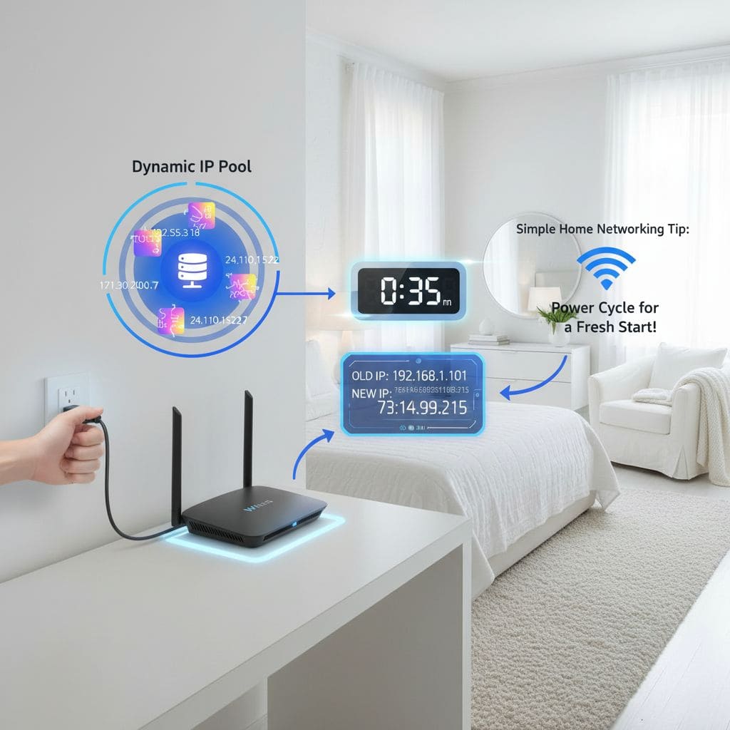동적 IP 풀 개념 설명 이미지 - 라우터 전원을 껐다 켜서 새로운 IP 주소를 받는 간단한 홈 네트워킹 팁, 침실 배경에 네트워크 다이어그램 오버레이
