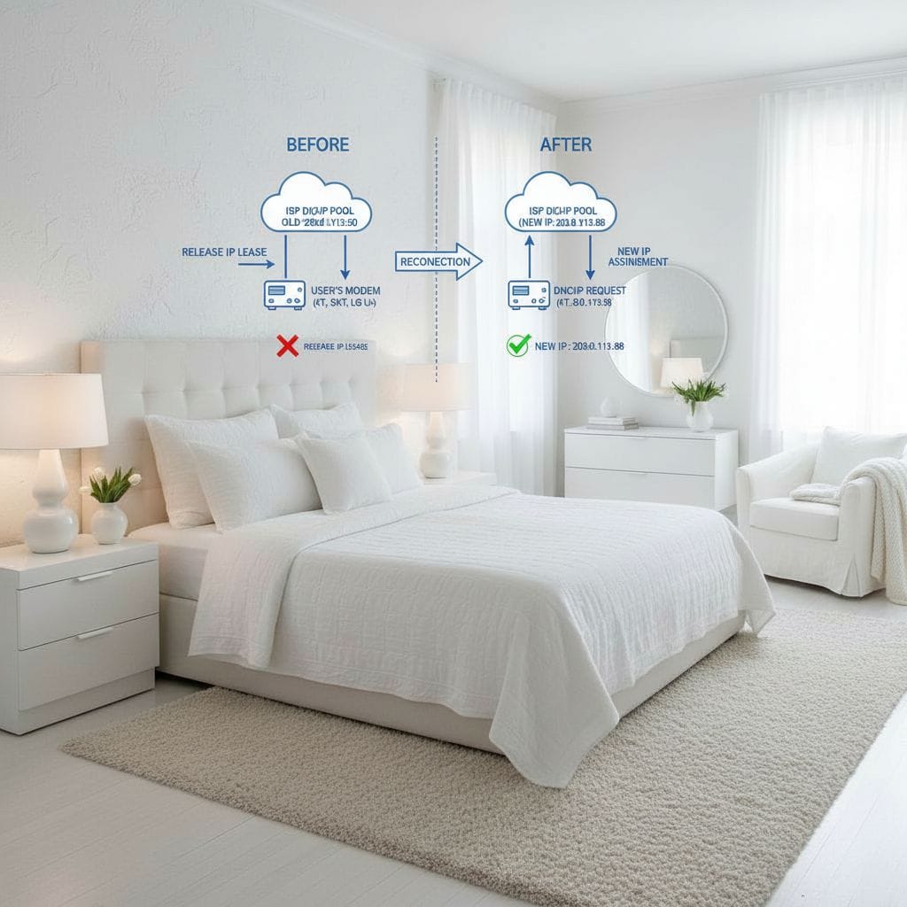 ISP DHCP 풀에서 IP 임대 해제 전후 비교 다이어그램, 사용자 모뎀의 재연결 과정과 새 IP 주소 할당 과정 시각화