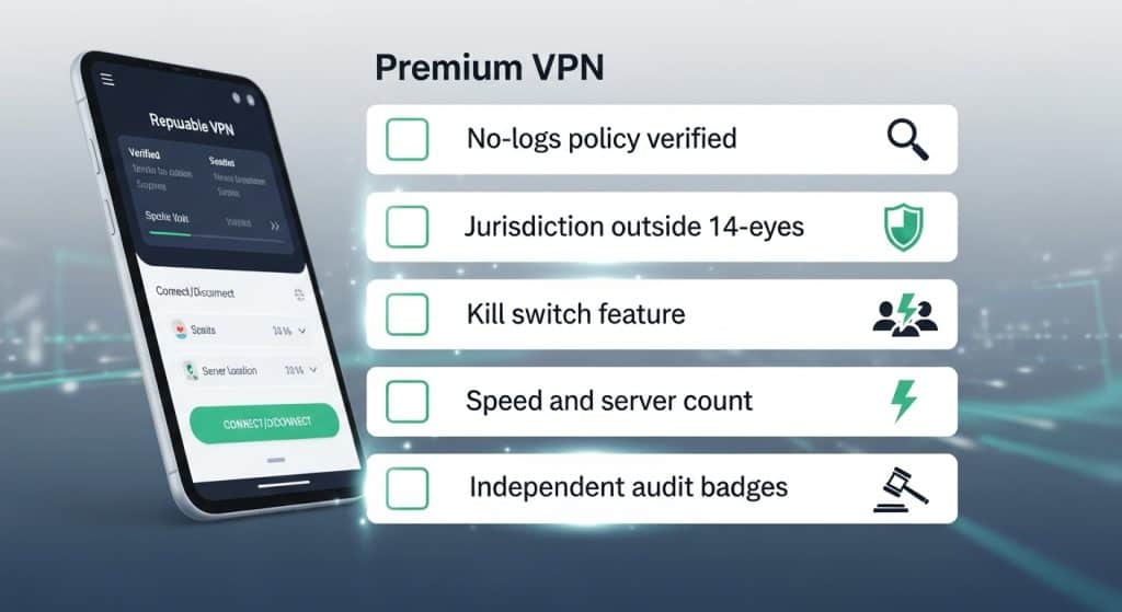 프리미엄 VPN 기능 체크리스트가 표시된 스마트폰 - 무로그 정책 검증, 14아이즈 관할권 외부, 킬 스위치, 속도 및 서버 수, 독립 감사 배지 포함
