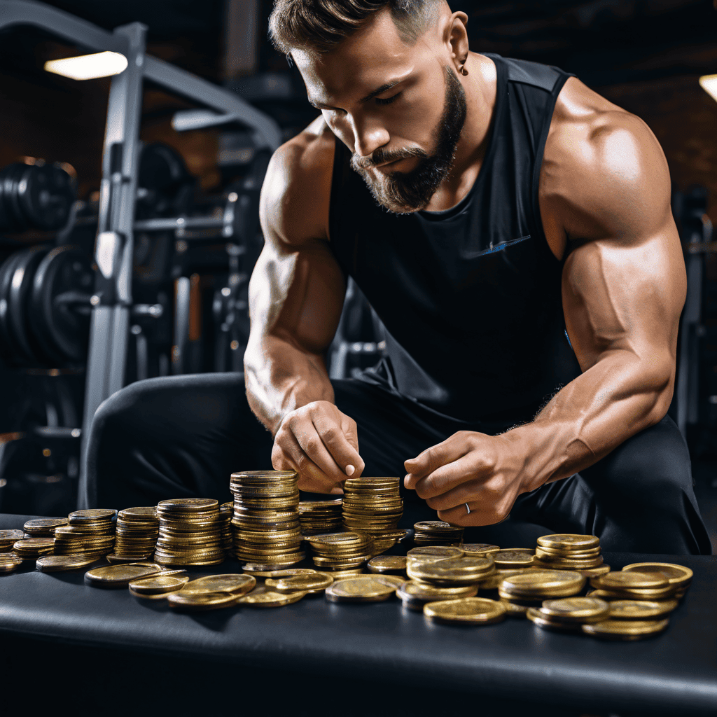 짙은 나무색 벤치 위에 놓인 금화 더미와 트레이너 가격표를 비교하며 고민하는 사람의 모습이다.