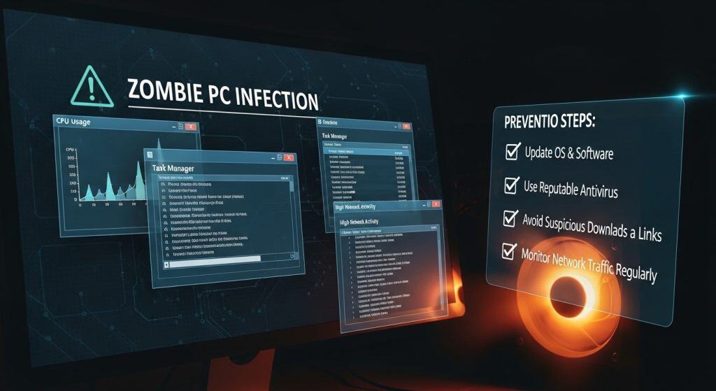 좀비 PC 감염 경고 화면 - CPU 사용량, 작업 관리자, 높은 네트워크 활동 창과 함께 예방 조치 4가지(OS 업데이트, 백신 사용, 의심스러운 다운로드 피하기, 네트워크 트래픽 모니터링) 표시