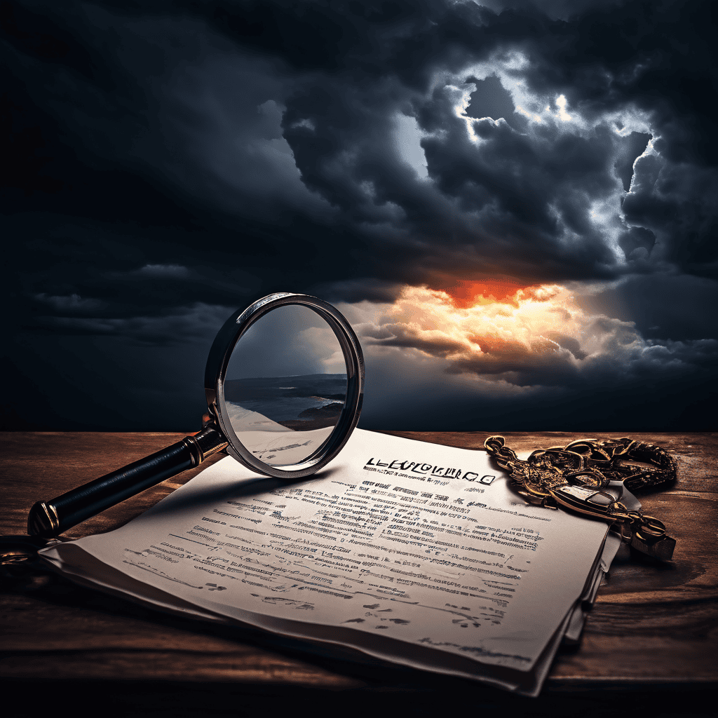 어두운 갈라진 책상 위 법적 허점 문서를 확대경으로 살피고, 그 위로 운영 리스크라는 폭풍 구름이 드리운 모습이다.