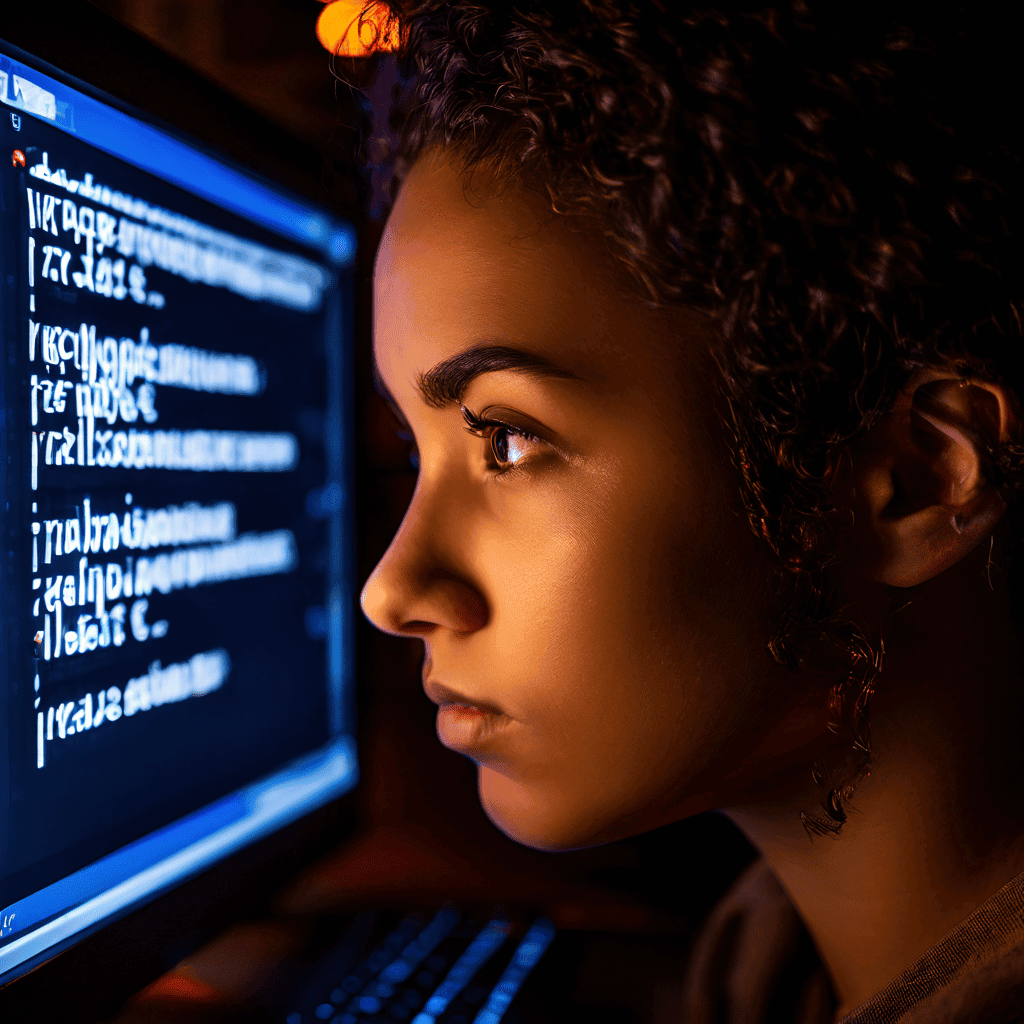 화면에 복잡한 오류 메시지가 뜬 컴퓨터를 뚫어지게 바라보는 사람의 얼굴 클로즈업이다.