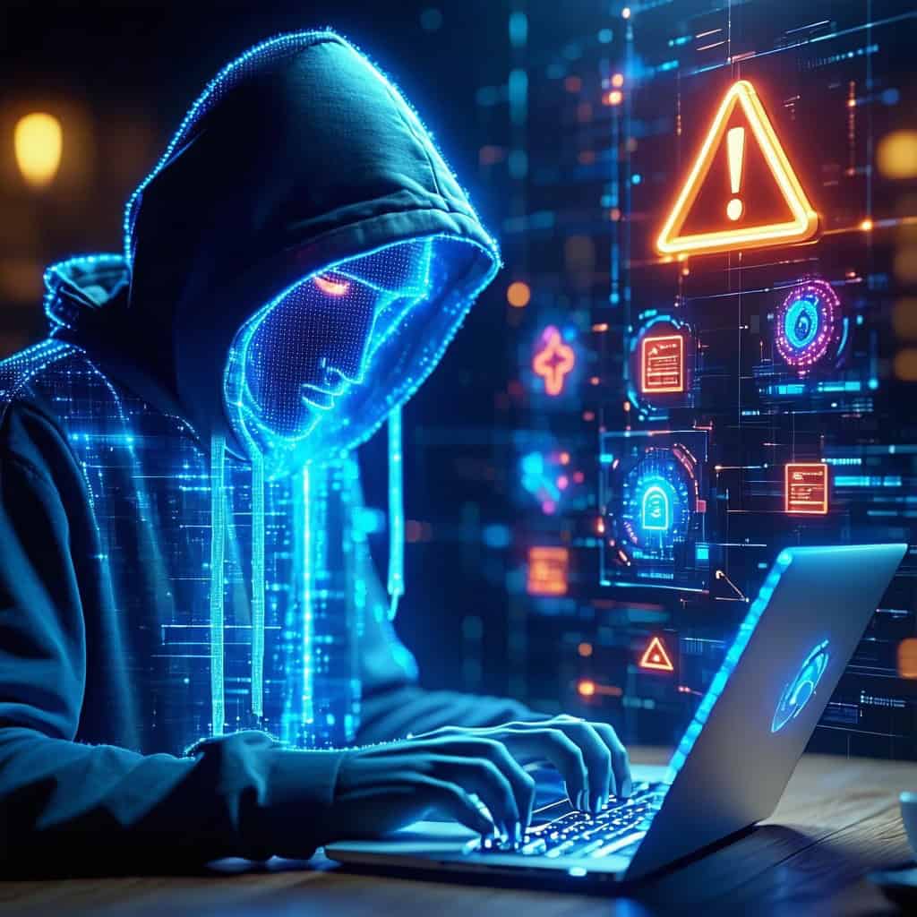 후드티를 쓴 사용자가 랩톱으로 해킹 활동을 하는 장면과 함께 보안 경고 아이콘이 빛나는 이미지