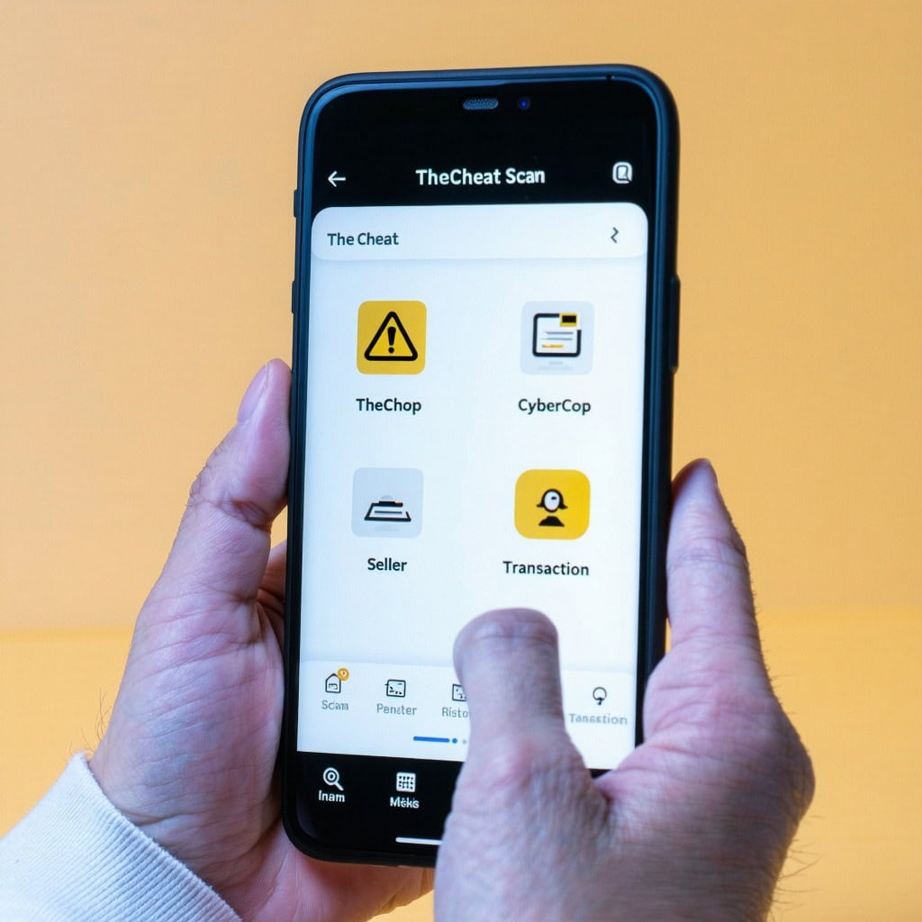 더치트 스타일의 사기 조회 앱을 스마트폰으로 사용하는 손의 클로즈업 이미지