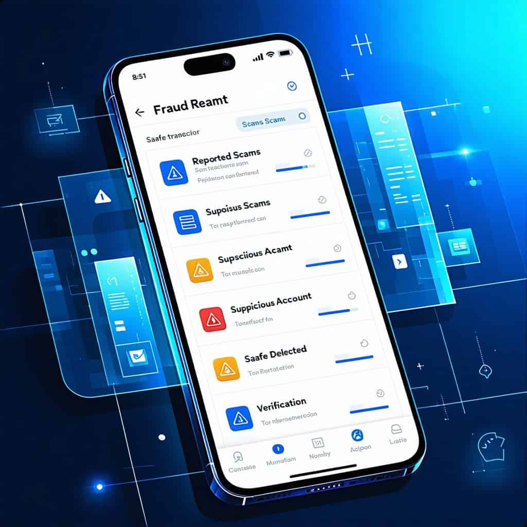 사기 신고, 의심 계정 탐지 등 위험 알림 기능이 표시된 스마트폰 보안 앱 화면