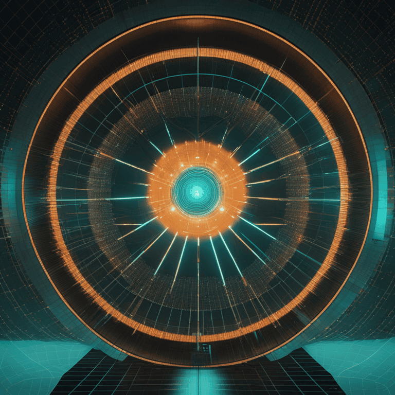중앙에서 빛이 나는 주황색과 청록색 원형 구조물을 정면에서 본 디지털 이미지