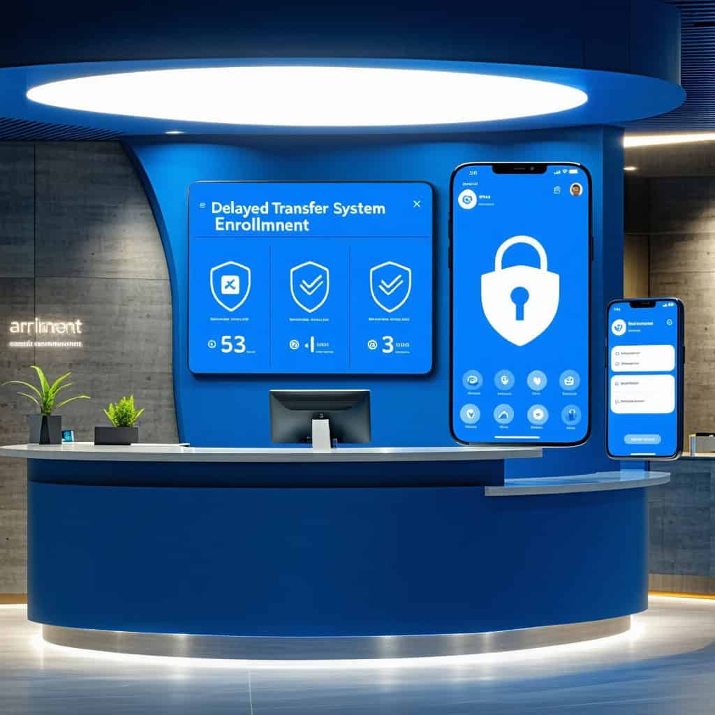 지연 이체 시스템 등록과 보안 기능이 표시된 금융 서비스 데스크 내부 모습