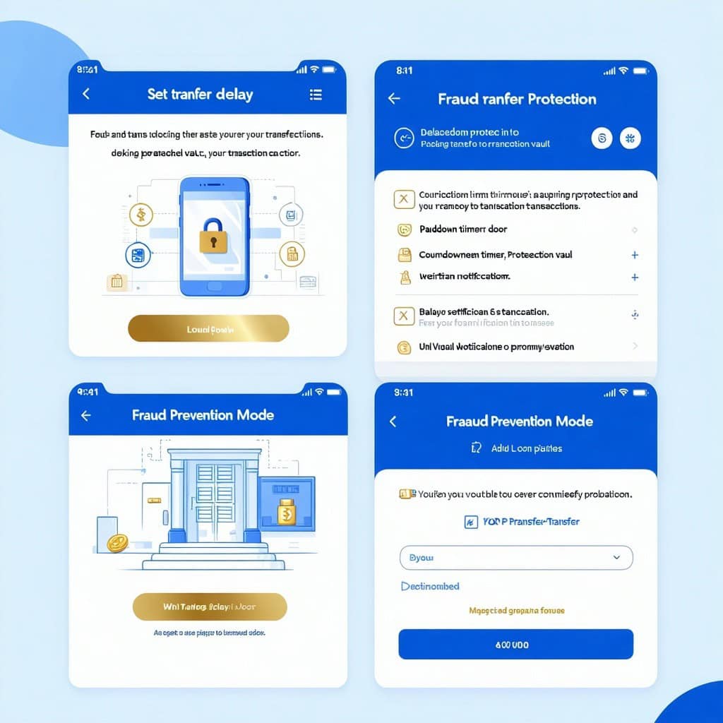 송금 지연, 피싱 방지 모드 등 금융 사기 예방 기능이 표시된 모바일 앱 화면