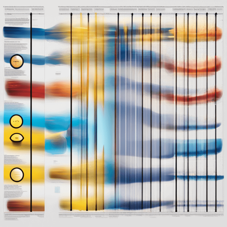수직선들로 나뉜 공간에 파란색, 노란색, 빨간색 수채화 패턴이 흐릿하게 그려진 추상 작품